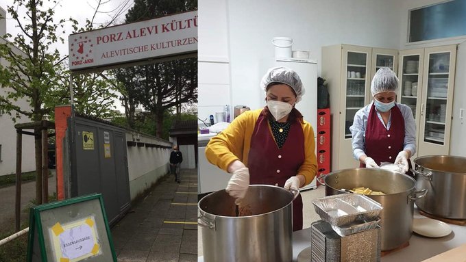Twee foto's. Links de entree van het alevitisch centrum, rechts twee mensen met mondkapjes en haarnetjes die eten aan het bereiden zijn met hele grote pannen.