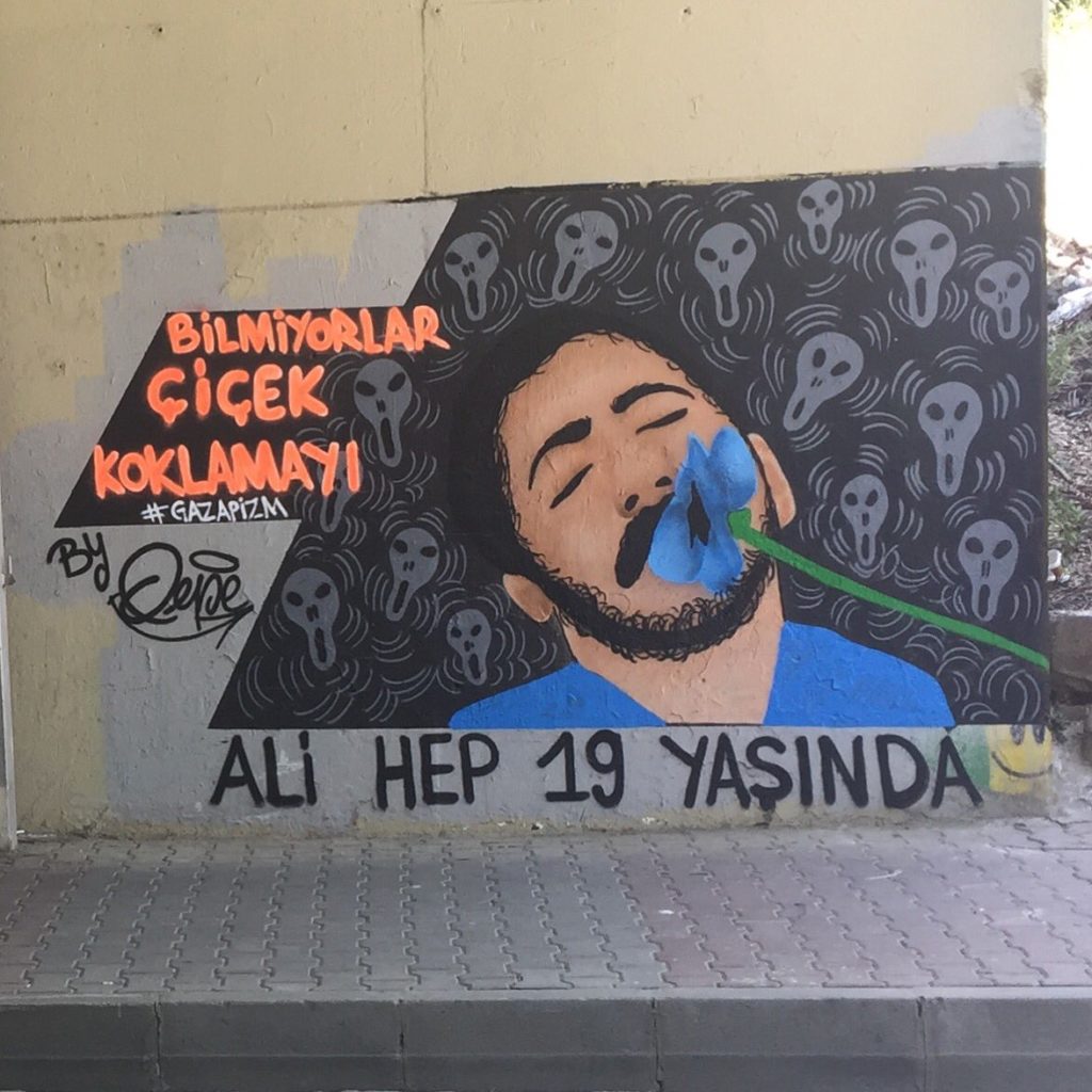 Graffiti met de tekst "Bilmiyorlar çiçek koklamayi #gazapizm / Ali hep 19 yaşinda".