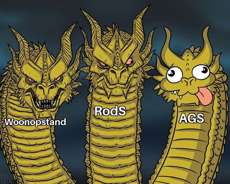 Een hydra met drie hoofden. Het derde hoofd ziet er sullig uit. Op het eerste hoofd staat 'woonopstand', op het tweede 'RodS', en op het derde 'AGS'.