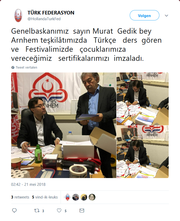 Tweet van de Turkse Federatie Nederland (TFN)