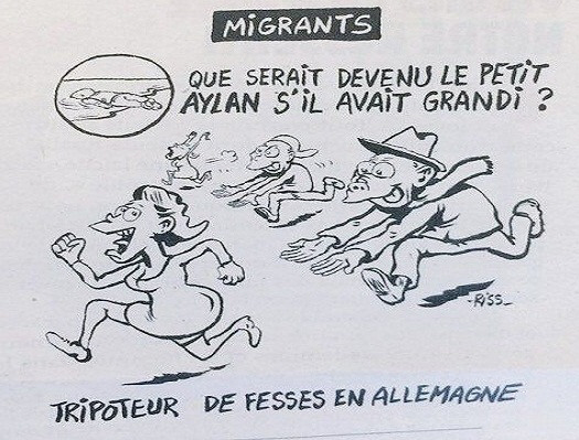 Charlie Hebdo: Het verdronken jongetje Aylan als aanrander in Keulen.