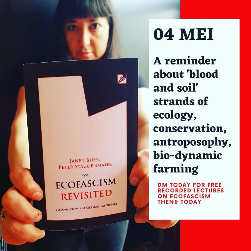 Op de voorgrond zie de cover van het boek 'Ecofascism revisited', dat wordt vastgehouden door Chihiro Geuzenbroek, die op de achtergrond zichtbaar is. Ernaast de tekst "04 mei - A reminder about 'blood and soil' strands of ecology, conservation, antroposophy, bio-dynamic farming - DM today for free recorded lectures on ecofascism then & today".