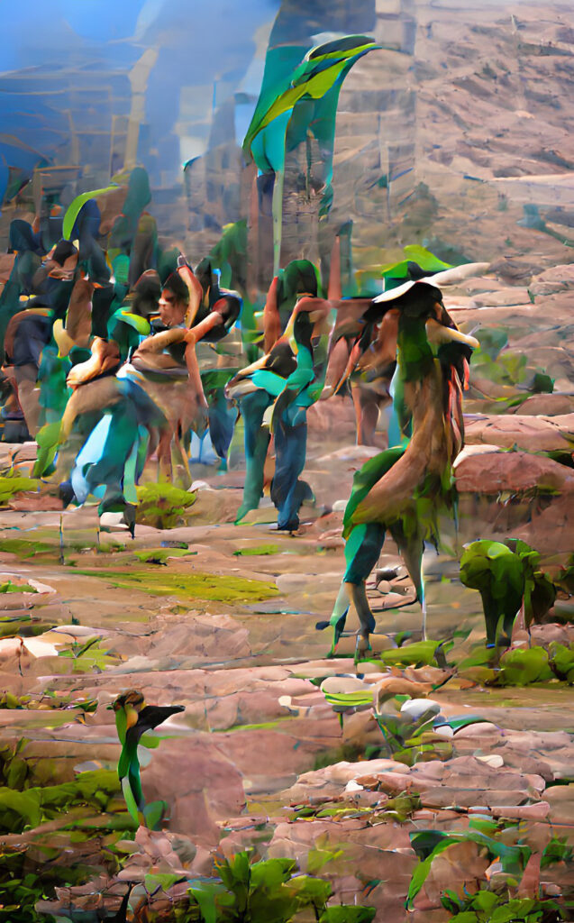 Dansende mensen in kleurrijke kleding in een woestijn.