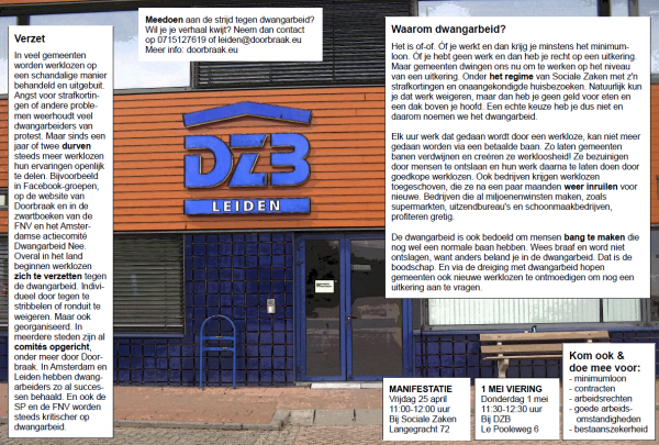 De flyer die we in Leiden uitdelen, onder meer aan werklozen en dwangarbeiders. Klik erop voor een leesbare pdf.