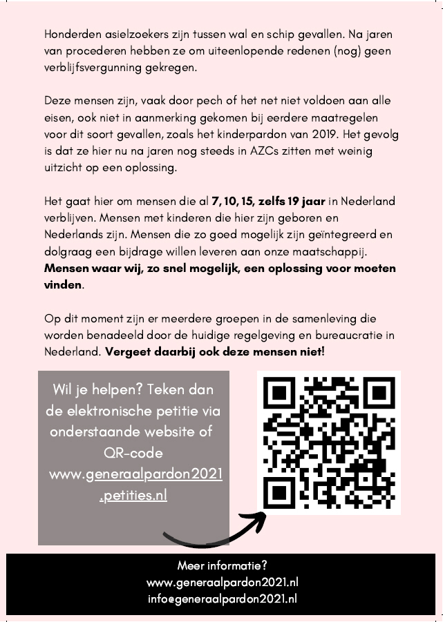 Afbeelding van de uitgedeelde flyer die oproept tot een generaal pardon.