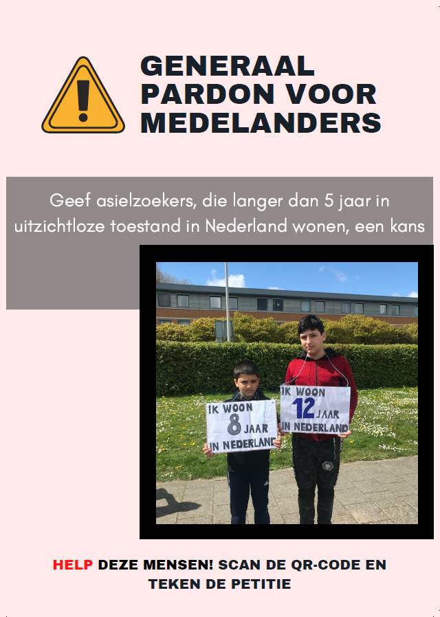 Afbeelding van de uitgedeelde flyer die oproept tot een generaal pardon.