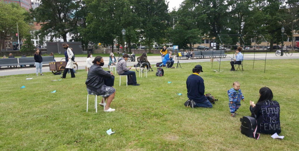 Een groep demonstranten in het gras.