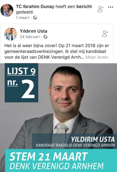 İbrahim Günay promoot Denk-raadskandiaat Yıldırım Usta op Facebook.