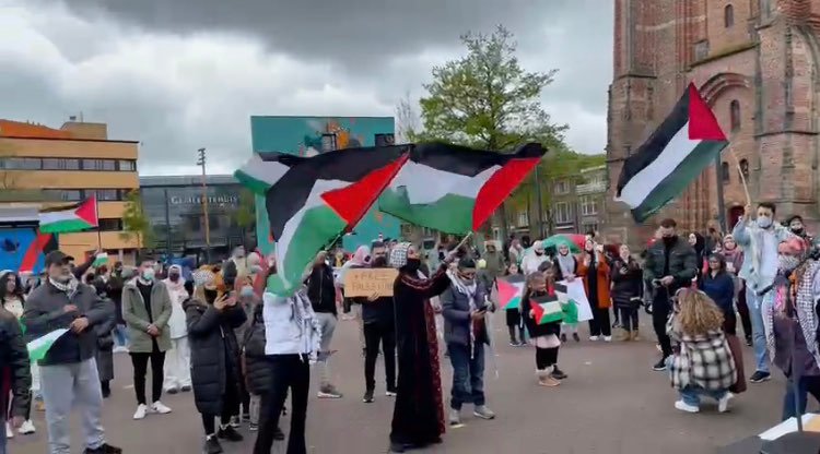 Demonstranten bij de Oldehove in Leeuwarden. Er wordt met Palestijnse vlaggen gezwaaid.