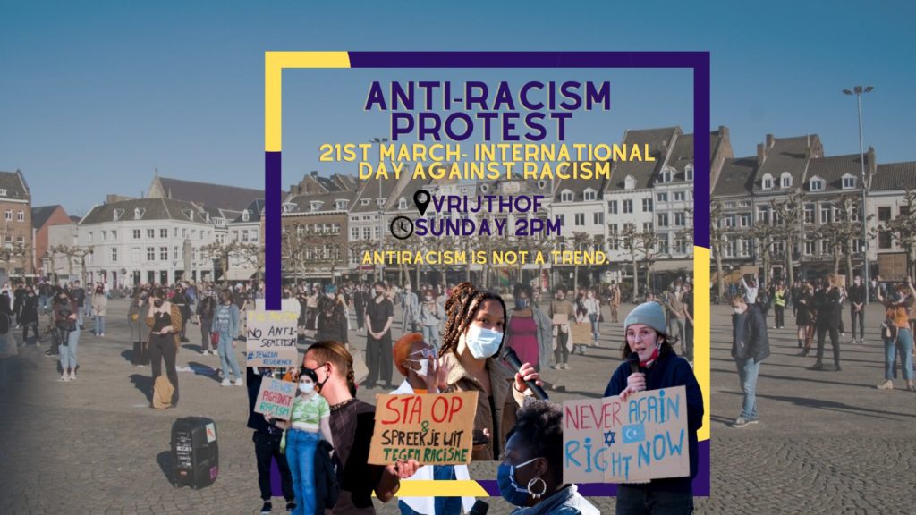 Banner van het protest, met een foto van een eerdere demo op het Vrijhof en onder andere de tekst "Antiracism is not a trend".