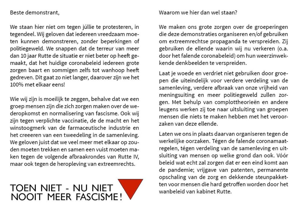 Een flyer waarmee de demonstranten aan voorbijgangers uitleggen waarom ze er zijn; dat mensen hun frustratie niet moeten laten gebruiken door fascisten.