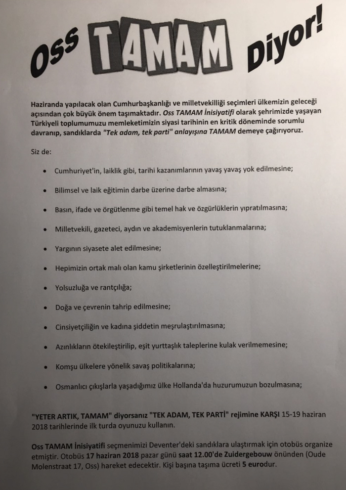 Het pamflet dat is Oss verspreid werd. Tamam betekent genoeg.