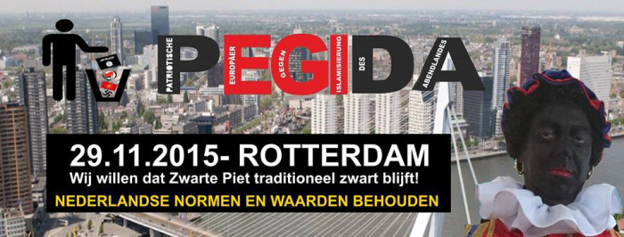 Moblization pamflet for the Pegida demonstration in Rotterdam calls for keeping the Dutch tradition of Blackface.