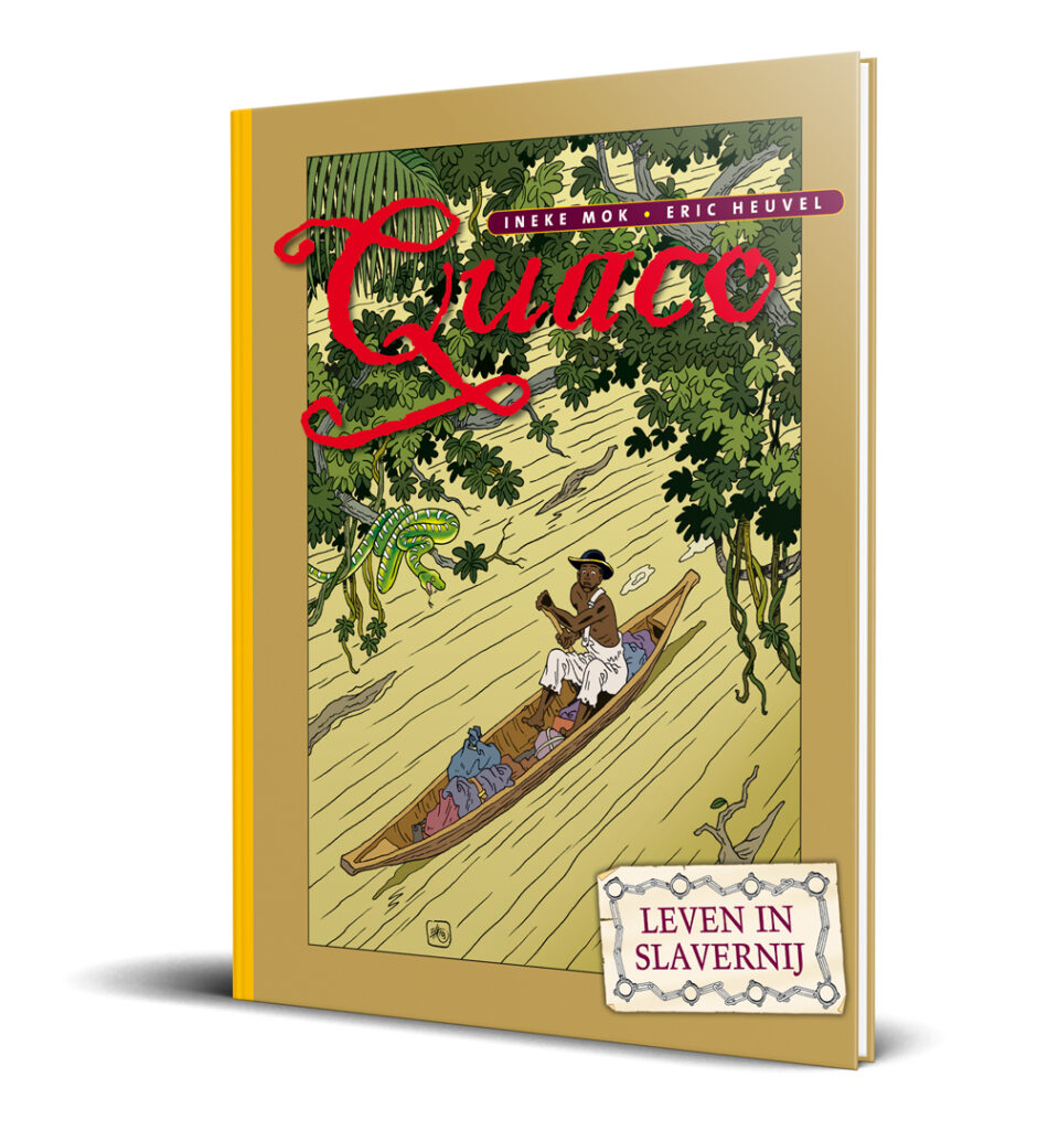 Het stripboek 'Quaco: leven in slavernij'. Op de voorkant zie je een man die in een boot door een rivier in de jungle vaart.