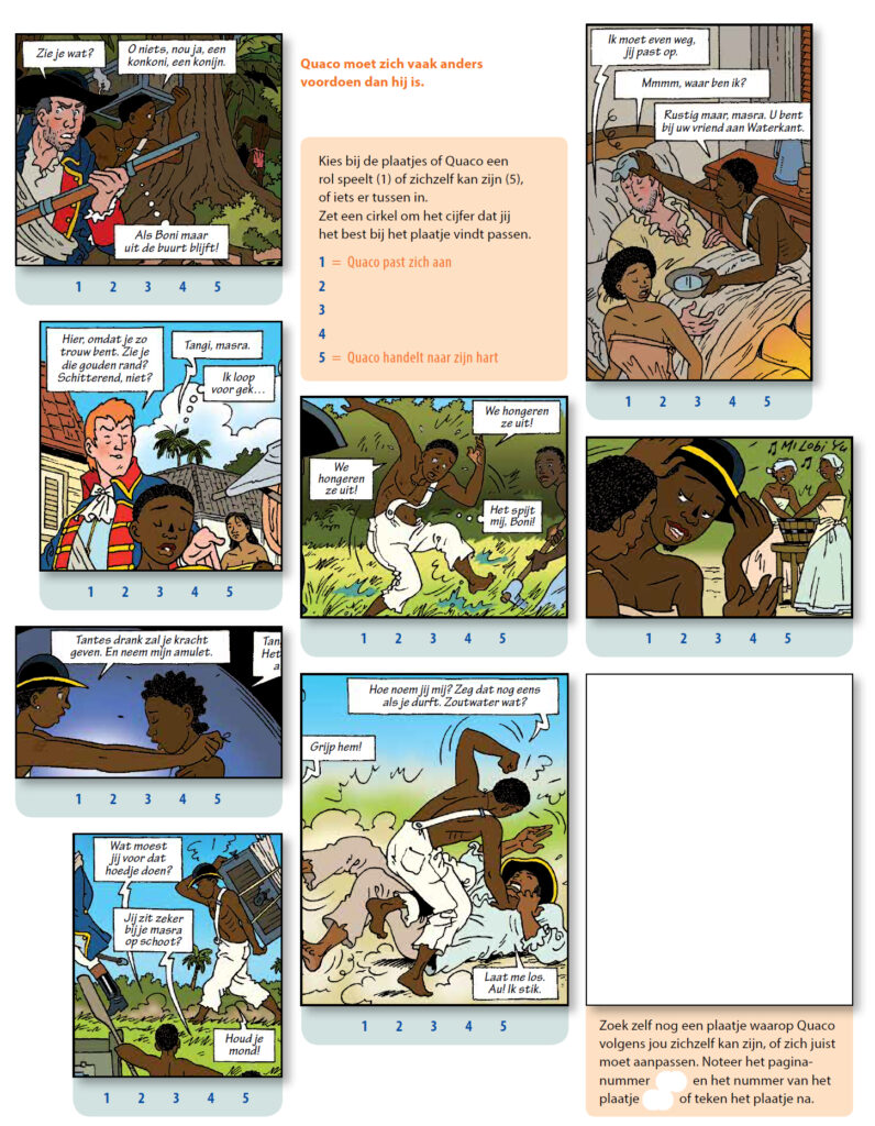 Een pagina uit het stripverhaal. Er zijn ook vragen die kinderen laten reflecteren over de inhoud van het boek.