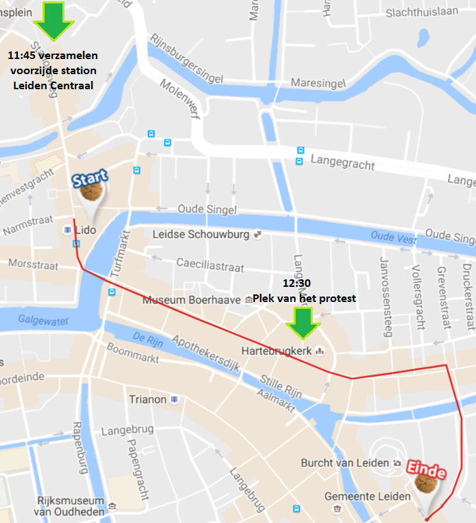 Route intocht met onze verzamel- en protestlocaties erop.