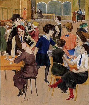 "Damenkneipe" of "Damescafé", geschilderd door Rudolf Schlichter in 1923. In 1937 werden veel van zijn schilderijen door de nazi's vernietigd als zijnde "ontaarde kunst".