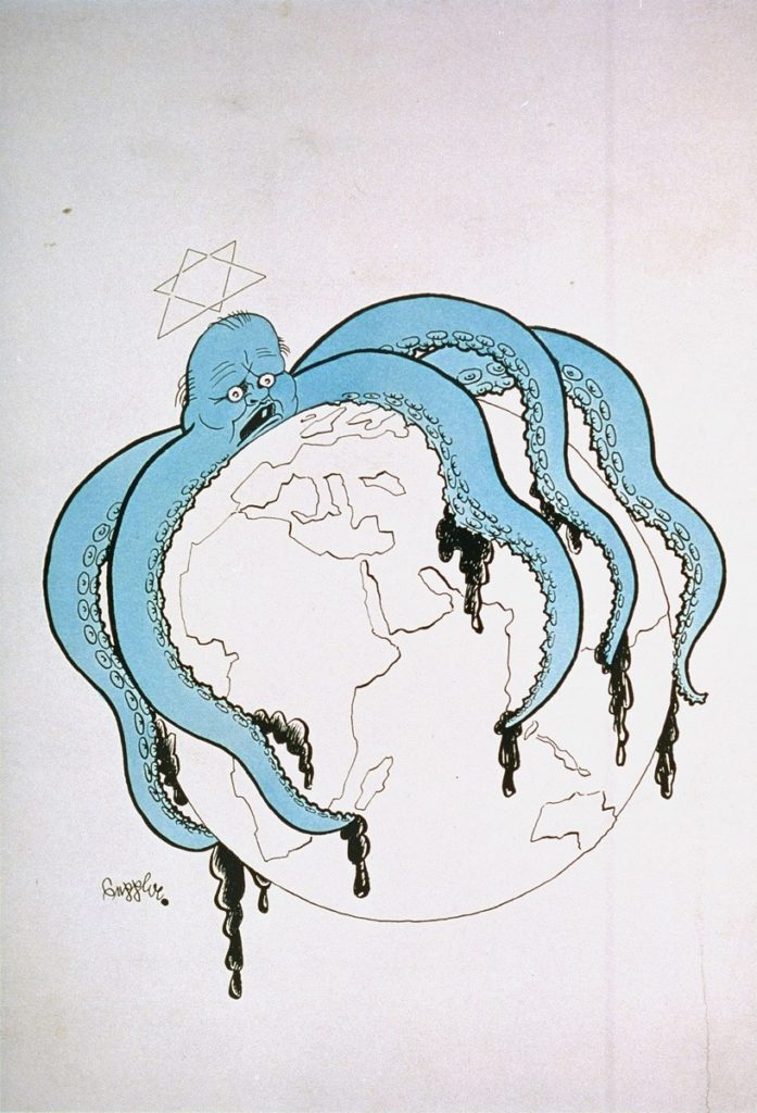 Antisemitische cartoon waarin een octopus met een menselijk hoofd en zwarte drab die van de tentakels af druipt, de aarde omvat.