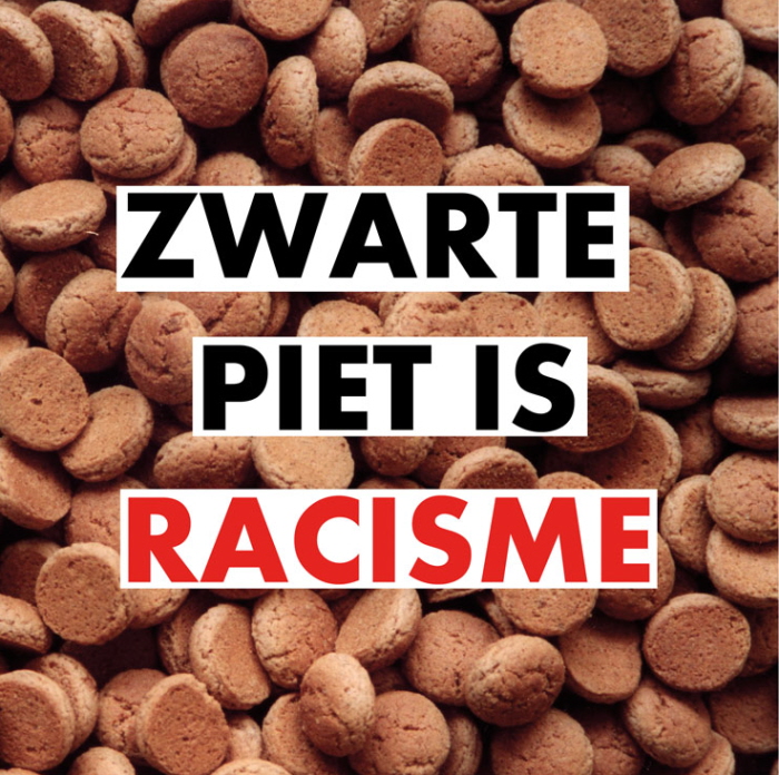 Vierkant plaatje met de tekst "Zwarte Piet is racisme" tegen een achtergrond van pepernoten.