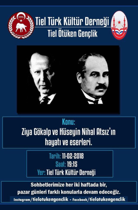 Affiche van de Tielse HTF-afdeling, de Turkse Culturele Vereniging Tiel, voor een bijeenkomst op 11 februari over “het leven en de werken” van Atsız (links) en Gökalp.