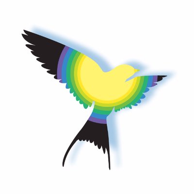 Logo bestaand uit een zwarte vogel (zwaluw?) met in het midden een cirkel bestaand uit verschillend gekleurde banden.